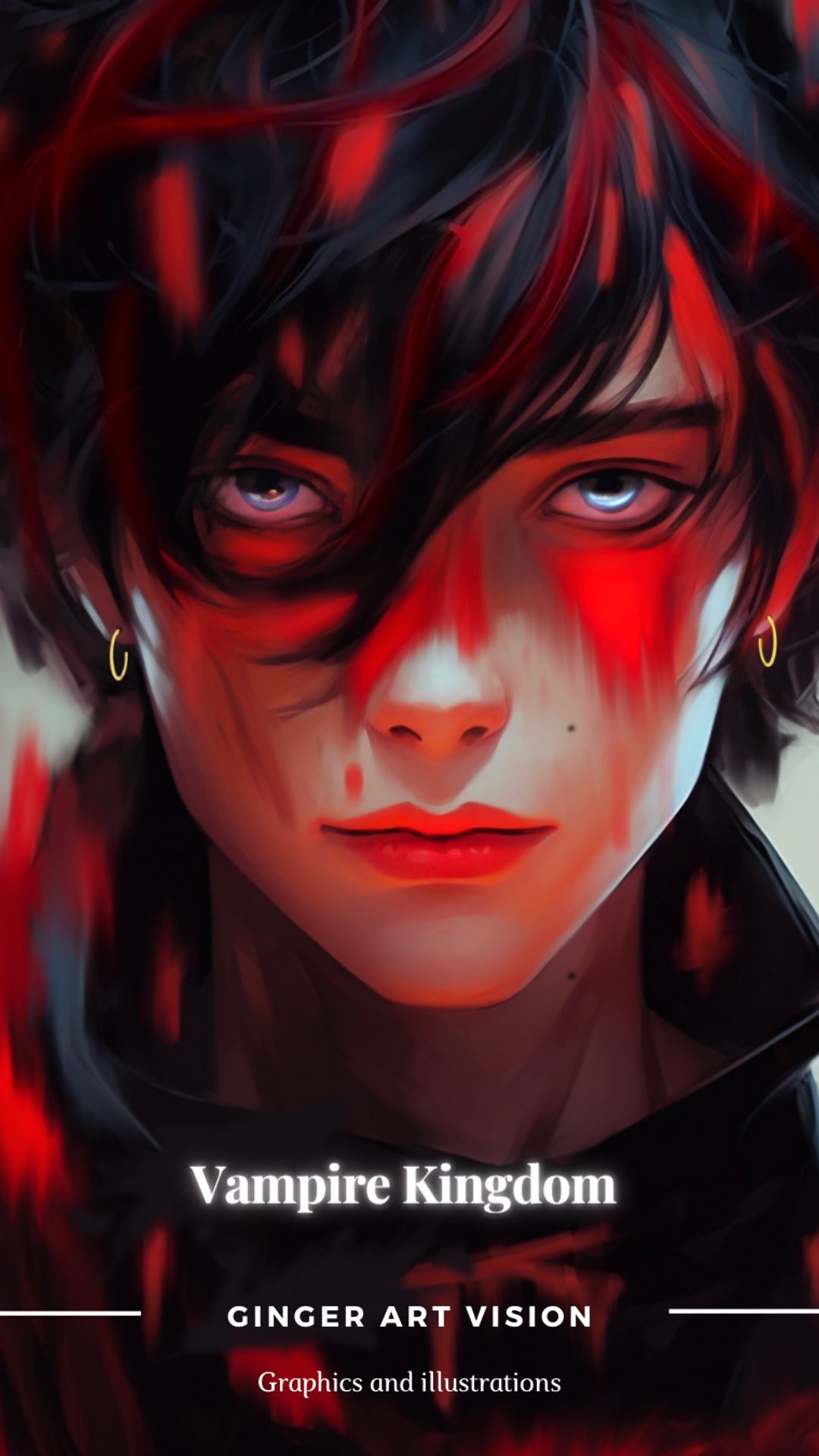 the image is a digital painting of an androgynous vampire character.  the character has dark, redstreaked hair that partially obscures their face.  their skin is pale, and there are streaks of red, possibly blood, across their face and neck.  they have striking redhued eyes and are wearing dark clothing. the overall aesthetic is dark, dramatic, and gothic, with strong red accents against a dark background. the text "vampire kingdom" is overlaid in the center, with the artist's name and tagline "ginger art vision, graphics and illustrations" beneath it. the style suggests a fantasy or supernatural setting.