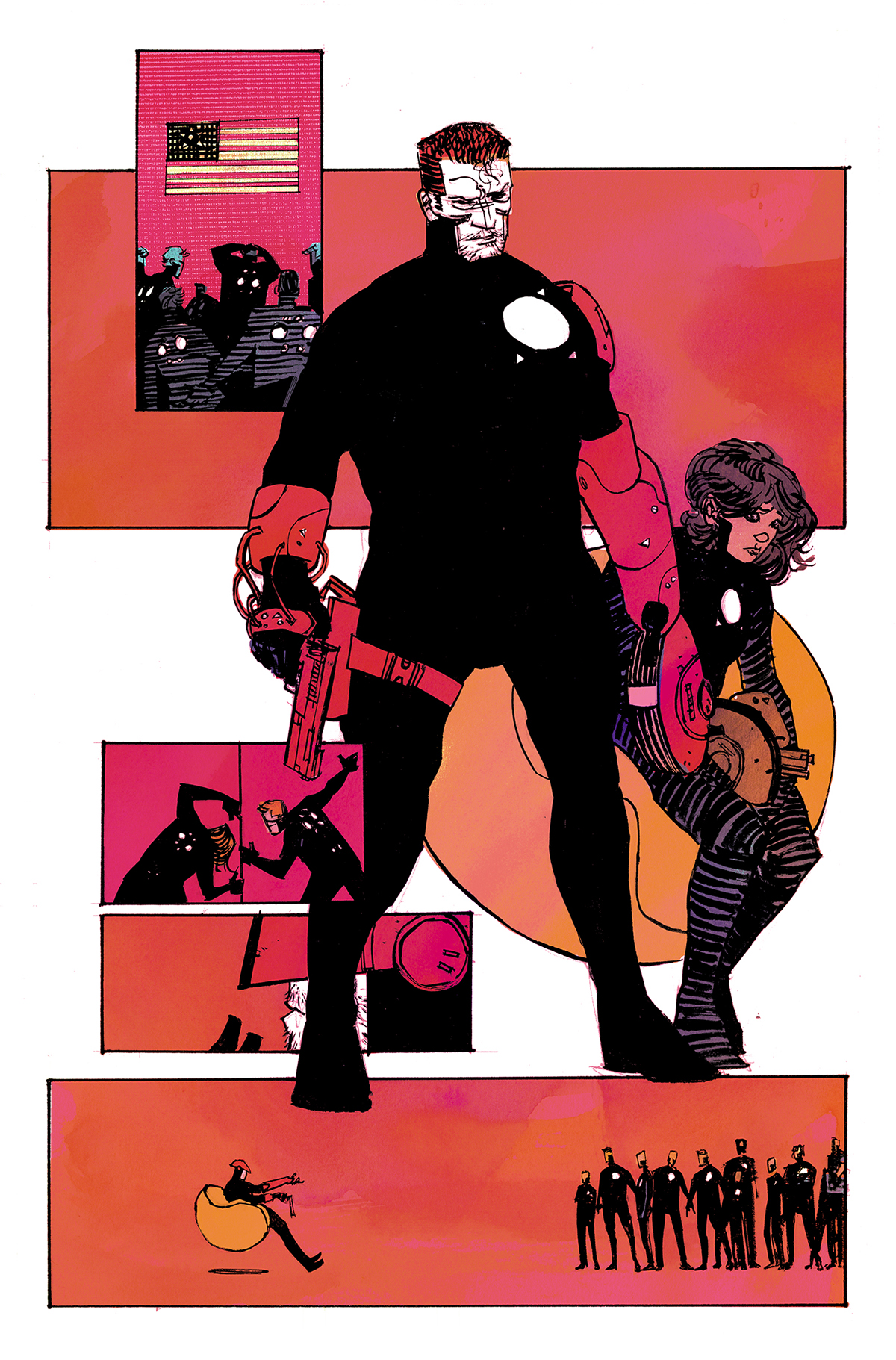the image is a comic book panel featuring a superhero in a futuristic setting. the superhero, a man with a redblack suit and a robotic arm, is holding a gun and standing in the foreground. in the background, there are other characters, including a woman with a similar suit, a group of men, and a flag of the united states. the panel is filled with action and tension. there are diagonal lines and shapes, as well as a strong sense of contrast between light and shadow, creating a dynamic and exciting scene. the overall mood of the panel is one of danger and anticipation.