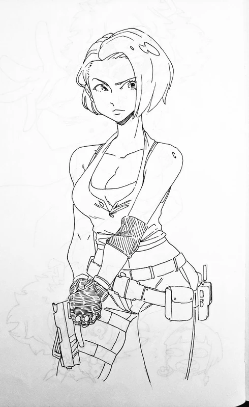 a black and white line drawing of a female anime character with long, blonde hair and bangs, wearing a tank top, vest, belt and holster, and holding a pistol in her right hand. she has a serious expression on her face.
