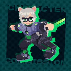 a pixel art image of a character from a video game. the character is wearing a futuristic suit with green accents, and has white hair and cat ears. the background is black with green text that reads "character commission".