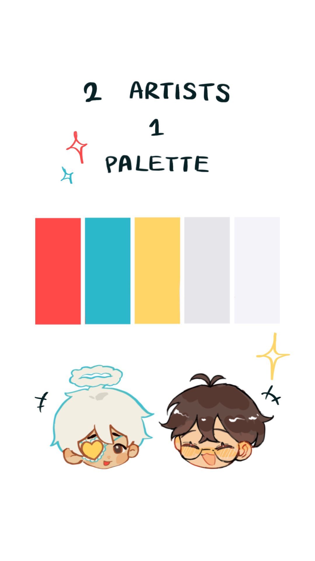 the image presents a digital illustration featuring two chibistyle characters, one with white hair and a halo, the other with brown hair and glasses.  both characters have simplified features and a cheerful expression. above them, a color palette of red, teal, yellow, light gray, and white is displayed. text above the palette indicates that the illustration utilizes "2 artists, 1 palette." the overall style is simple, cute, and brightly colored.