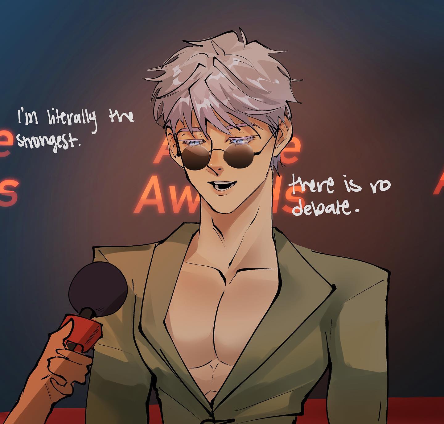 the image is a digital drawing in an anime style. it depicts a paleskinned man with grey hair, wearing sunglasses and an olive green open jacket. he's holding a microphone, seemingly in an interview setting at an awards show (indicated by the text "awards" in the background).  text bubbles beside him state "i'm literally the strongest. there is no debate." showcasing a confident and perhaps boastful personality. the overall style is modern and slightly stylized. the background hints at a red carpet or similar event.