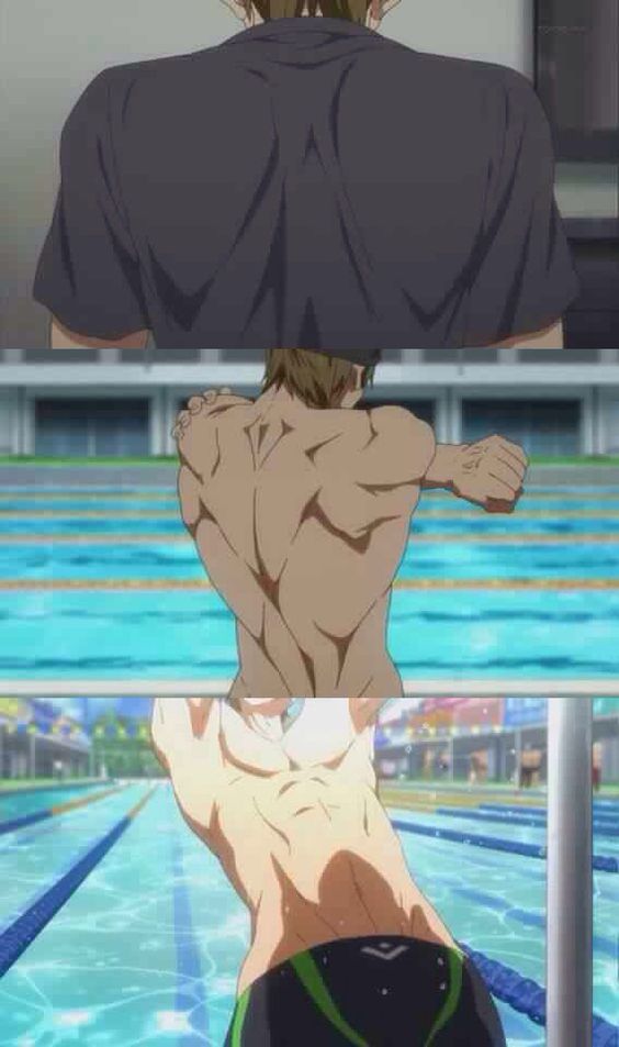 the image is composed of three panels, each showing the back of a male anime character at a swimming pool. the top panel shows the character wearing a darkcolored tshirt, obscuring his back. the middle panel shows the character with his shirt off, stretching his arms, revealing a toned and muscular back. the bottom panel shows the character from the waist up, wearing only swim trunks, highlighting his welldefined back muscles and athletic build. the background in all three panels depicts a swimming pool setting, with blue water and pool lane markers visible.