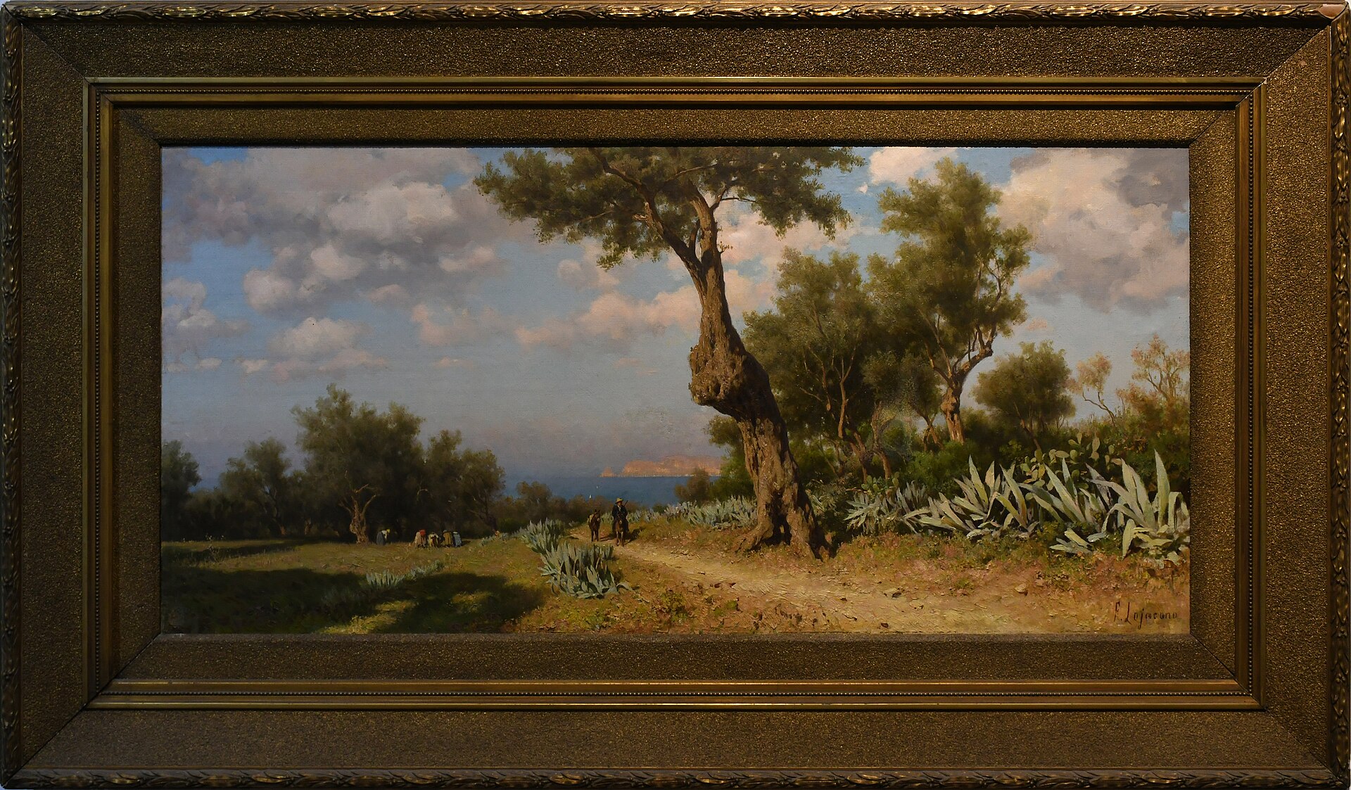 the image is a framed landscape painting. it depicts a scene with a field of grass and olive trees on the left side, with a group of people gathered in the field. a dirt path leads towards the center of the image, flanked by trees and agave plants. in the background, there's a view of the coastline and a distant island. the sky is visible above, with fluffy white clouds scattered across it. the painting is enclosed in a decorative goldcolored frame.