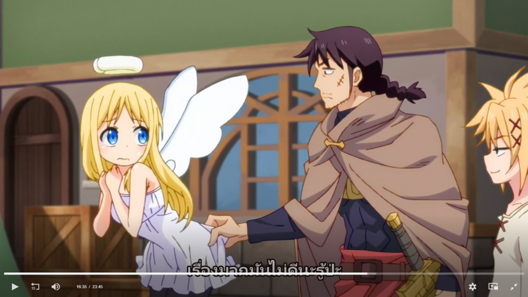 the image is a still from an anime cartoon. it shows a scene with three characters. the girl in white with angel wings is standing and being pulled by a man with brown cloak and sword. the man has a stern look on his face and he is pulling the girl by the dress, making her look scared. the blonde haired girl is standing behind the man, looking at the scene with a smile. the scene takes place in a wooden room with a green wall on the left.