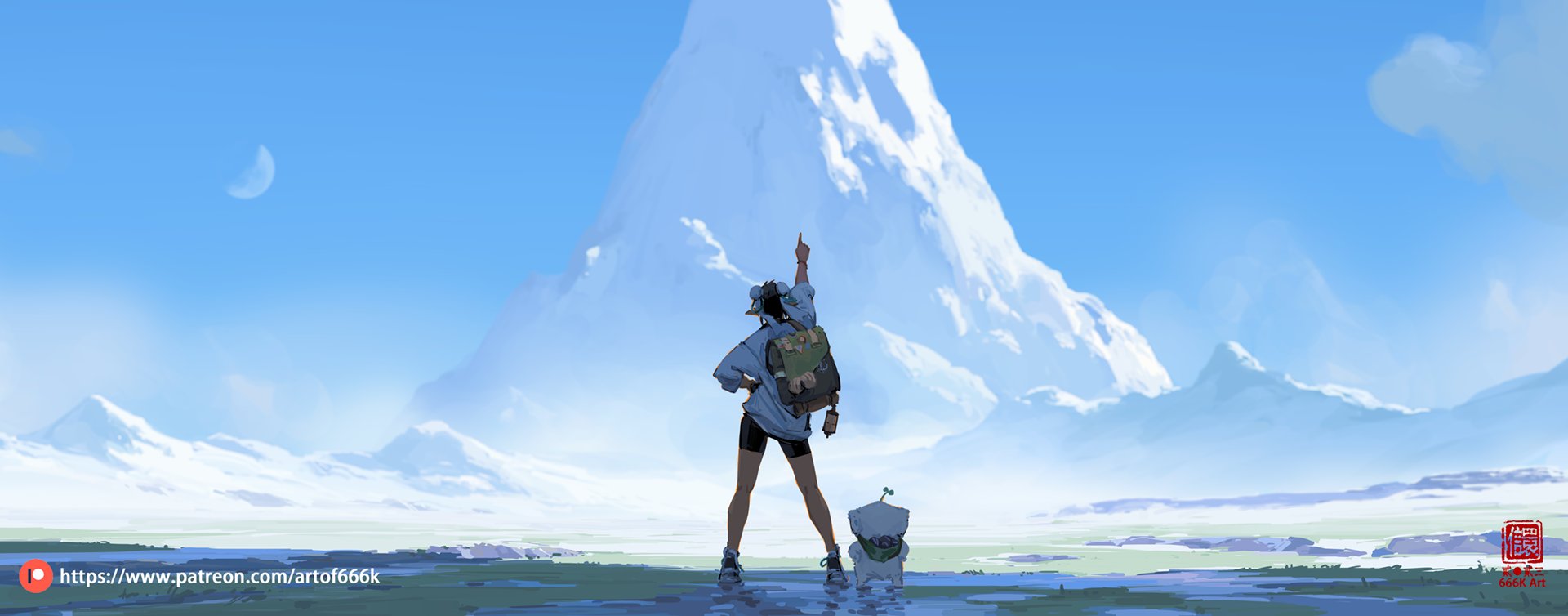a digital painting in an anime style depicts a girl with a backpack and a small doglike creature standing in a vast, serene landscape.  she's pointing towards a majestic snowcapped mountain that dominates the background. the sky is a clear blue with wispy clouds, and a crescent moon is visible. the overall atmosphere is peaceful and adventurous.  a watermark with "666k art" is present in the bottom right corner.  the style is painterly and somewhat impressionistic, focusing on mood and atmosphere.