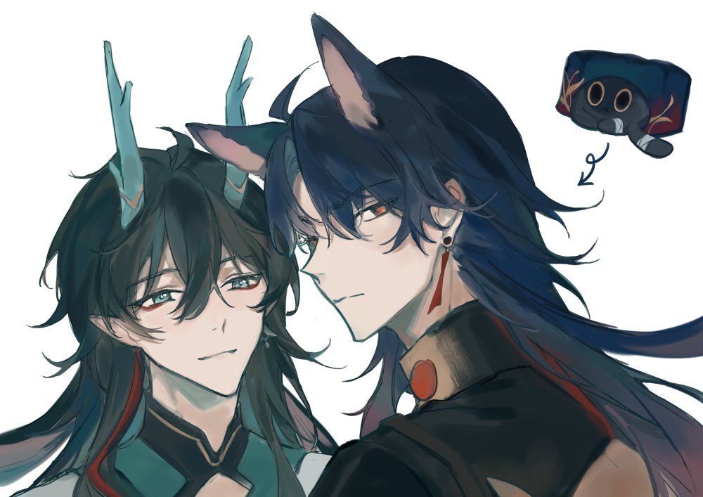 this digital art piece is a closeup portrait of two anime characters, a couple, with their heads leaning close together. the one on the left has black hair with blue horns, and is wearing a green and black outfit.  the one on the right has black hair with cat ears and is wearing a black outfit with red highlights. they both have soft expressions and a gentle look in their eyes, suggesting a romantic relationship. the image has a soft, stylized feel and the use of subtle color shading, hinting at a warm and tender moment between the two individuals. above them, a floating doodle shows a small, black cat with closed eyes, suggesting that this image might be a fan art of a particular anime couple.