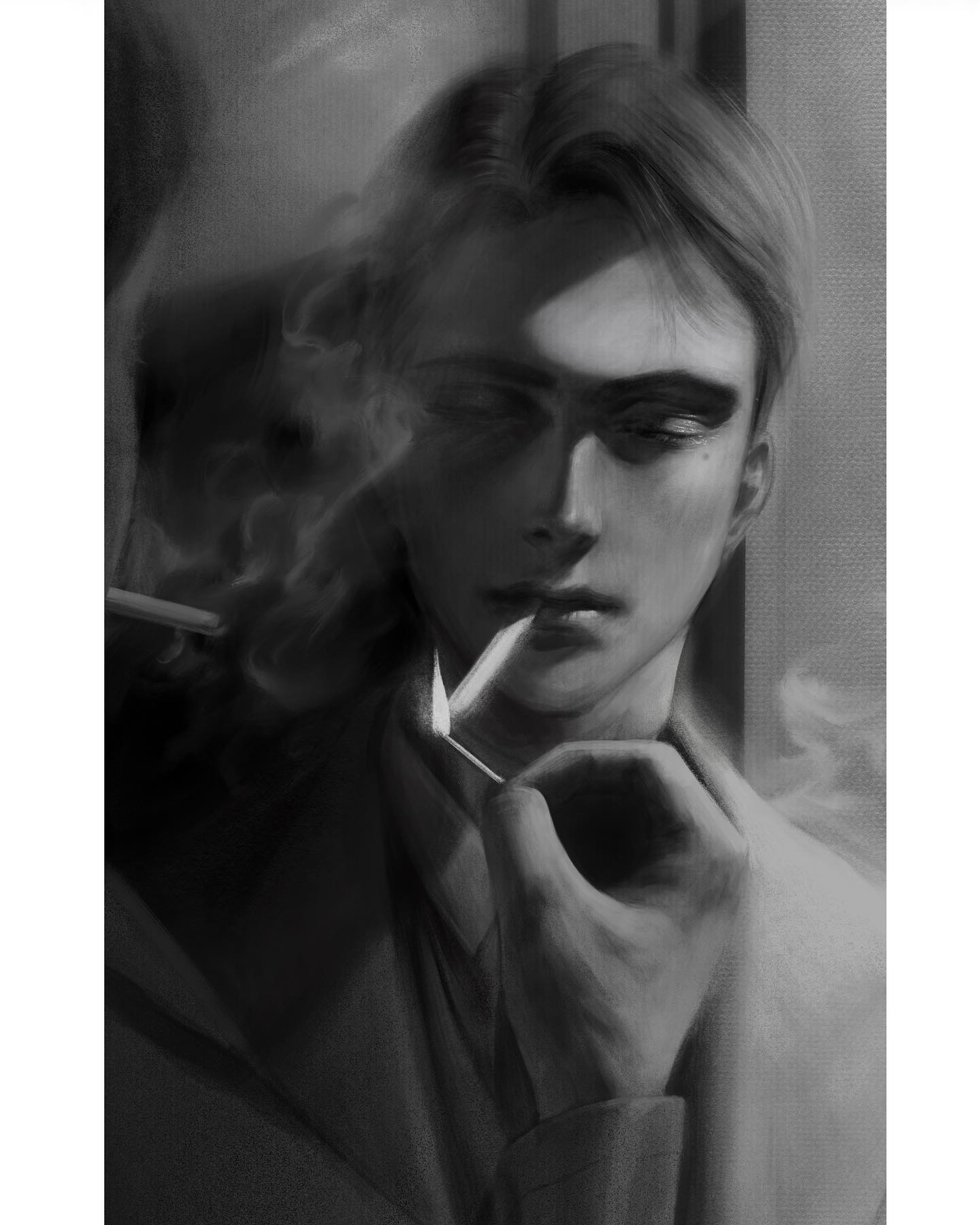 a black and white portrait of a man in a suit, smoking a cigarette. he has a serious expression on his face, and his eyes are looking down. the image is dark and moody, with shadows playing on the man's face and the cigarette smoke. the composition is close up and intimate, drawing the viewer into the man's world. the overall feeling is one of mystery and intrigue.