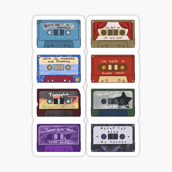 the image features 8 cassette tapes, each with a different lyric from a popular song printed on the label.  the tape designs are simple and stylized, with bright colors and a slightly retro feel. the tapes are arranged in a grid, giving the impression that they are part of a larger collection.
