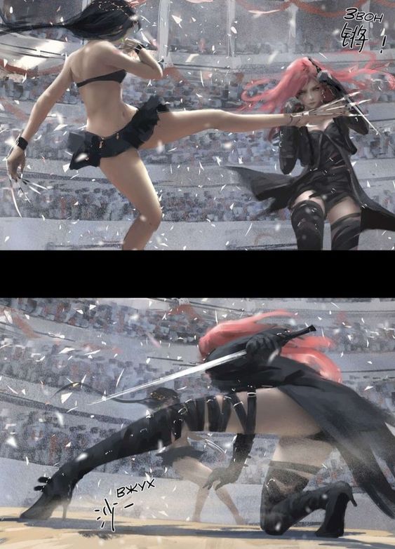 the image depicts a fierce battle between two female warriors in a coliseumlike arena. the top panel captures the intense moment where a warrior with black hair and a black bikini delivers a powerful kick to her pinkhaired opponent, her claws extended. the bottom panel shows the pinkhaired warrior retaliating with a swift sword attack while her opponent evades. the dynamic poses and the flying debris convey the intensity of their fight.