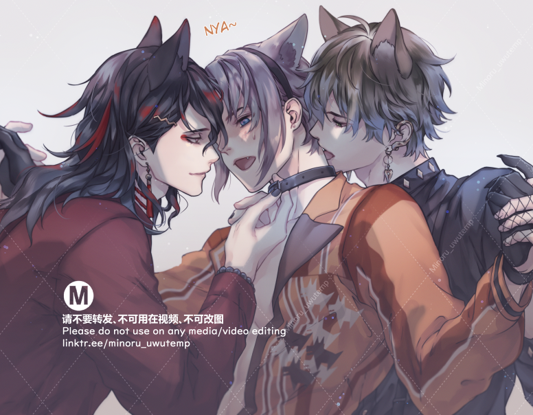 this image is a colorful anime illustration of three young men. two of the men are shown hugging each other, with one of the men leaning in to kiss the other on the cheek. the other man is looking at the other two with a faint smile on his face, and his eyes are wide with affection. all of the men have cat ears, and they are all wearing clothing that is reminiscent of a cat. the background is a soft purple and white, which makes the characters stand out even more.
