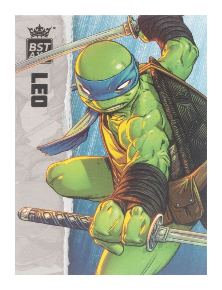 this is a trading card featuring leonardo, the teenage mutant ninja turtle. the card features a colorful illustration of leonardo in action with his katanas. the card also includes a small logo in the top left corner that says "bst ax" and a title that reads "leo".