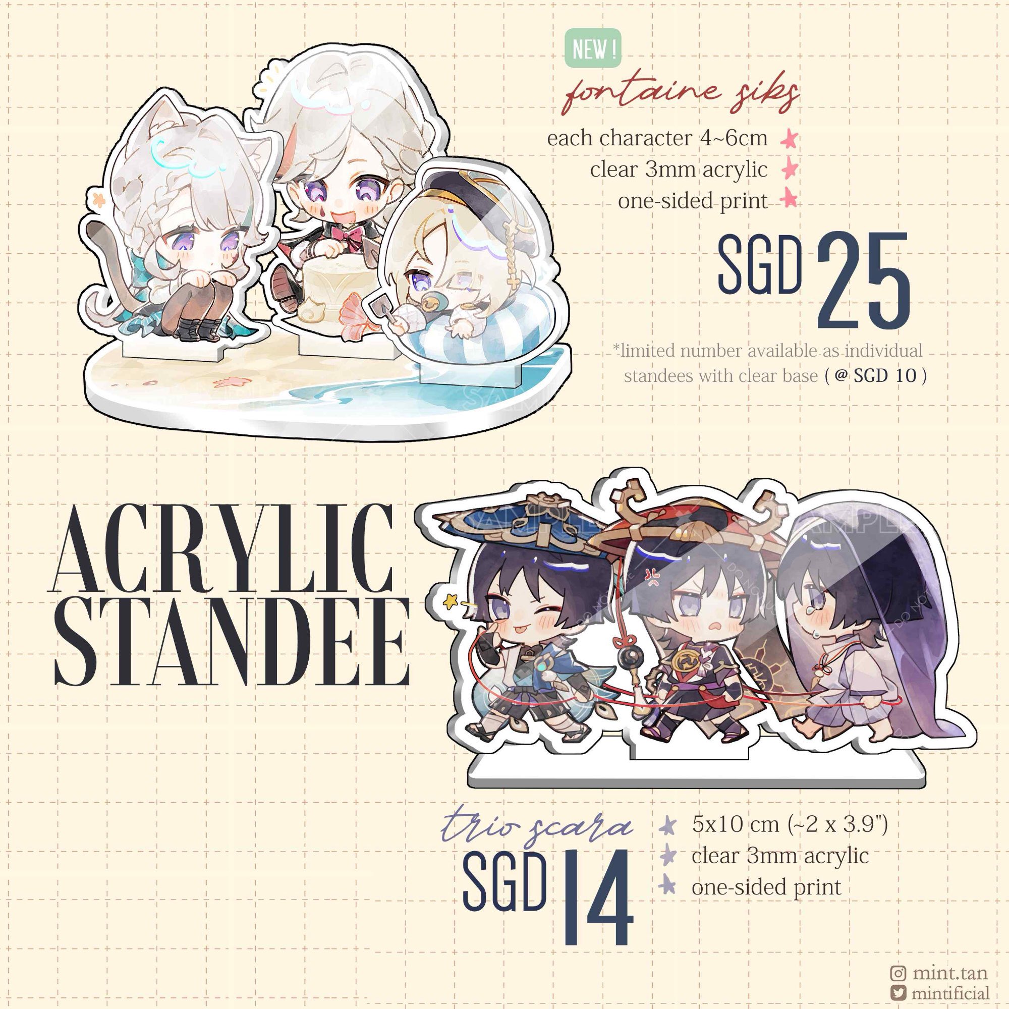 this is a product advertisement for genshin impact acrylic standees featuring the fontaine characters, scaramouche, and his two companions.  the product is available as individual standees, with clear base, or as a trio set.  the ad highlights that each character is 46 cm tall, made from 3mm clear acrylic, and features a onesided print.  the ad also mentions that the product is limited edition and that the trio set is currently available at sgd 14.