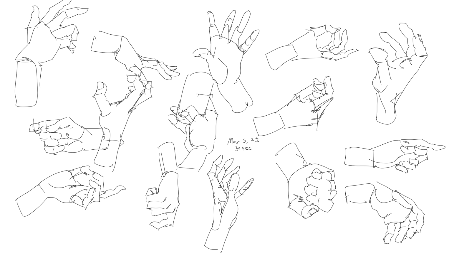 the image contains a collection of quick sketch drawings of hands in various poses and gestures, rendered in a simple line art style. there are hands making fists, pointing, open and reaching, and holding objects. the sketches appear to be practice drawings, possibly done from observation.