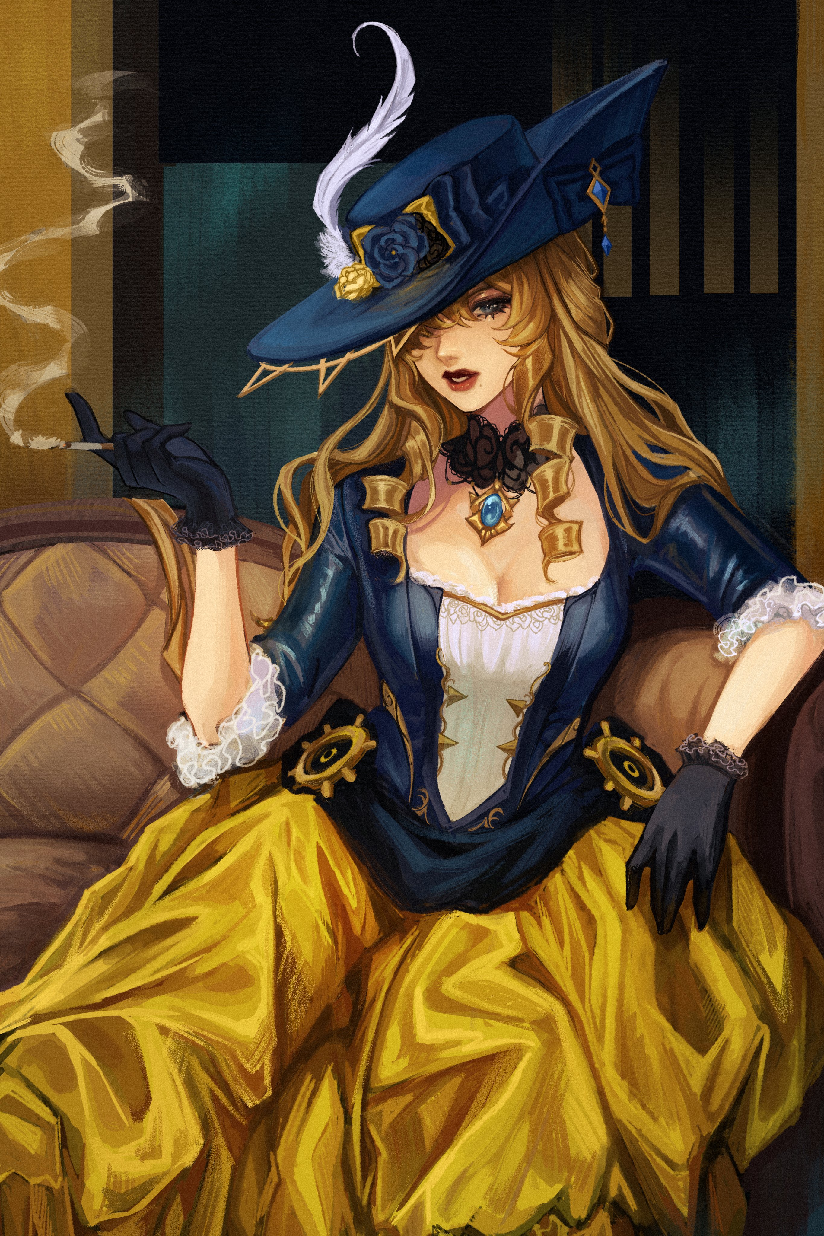 a woman with long blonde hair is sitting in a chair. she is wearing a blue and gold dress with a large blue hat with a feather on it. she is holding a cigarette in her left hand and looking at the viewer with a serious expression. the background is a blurred image of a room with brown and gold walls.