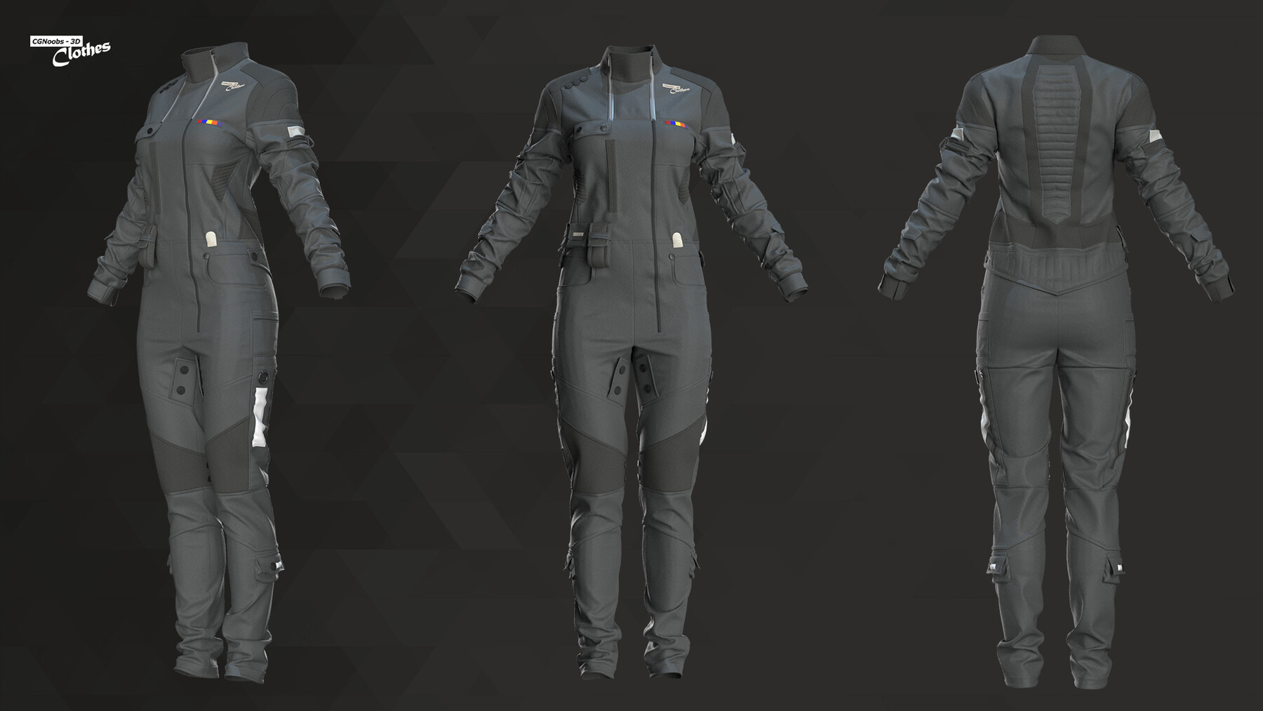 this image shows a 3d rendered model of a woman wearing a gray, futuristic, spacesuit jumpsuit. the jumpsuit has zippers, pockets, and a utility belt. the model is rendered in a studio setting and the background is gray.