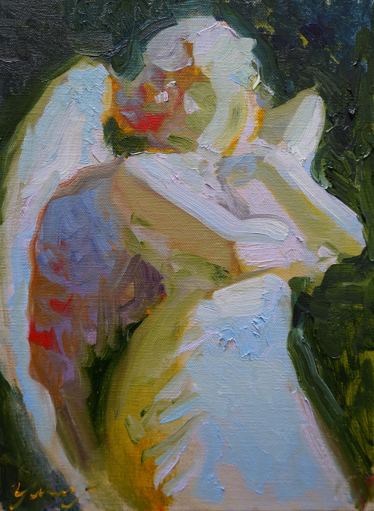 this is an oil painting of a woman with wings, possibly an angel. she is painted in an abstract, impressionistic style, with loose brushstrokes and vibrant colors. the woman's face is not fully visible, but her white wings, blue robe, and yellow hair are prominent. the painting is set against a green background, possibly representing nature or a garden. the overall effect is one of ethereal beauty and spirituality.  the painting's style is reminiscent of the impressionist and expressionist movements. the loose brushstrokes and vibrant colors give the painting a sense of energy and movement. the artist's use of light and shadow is also noteworthy, creating a sense of depth and dimension. overall, this is a striking and evocative painting that captures the beauty and mystery of the human spirit.