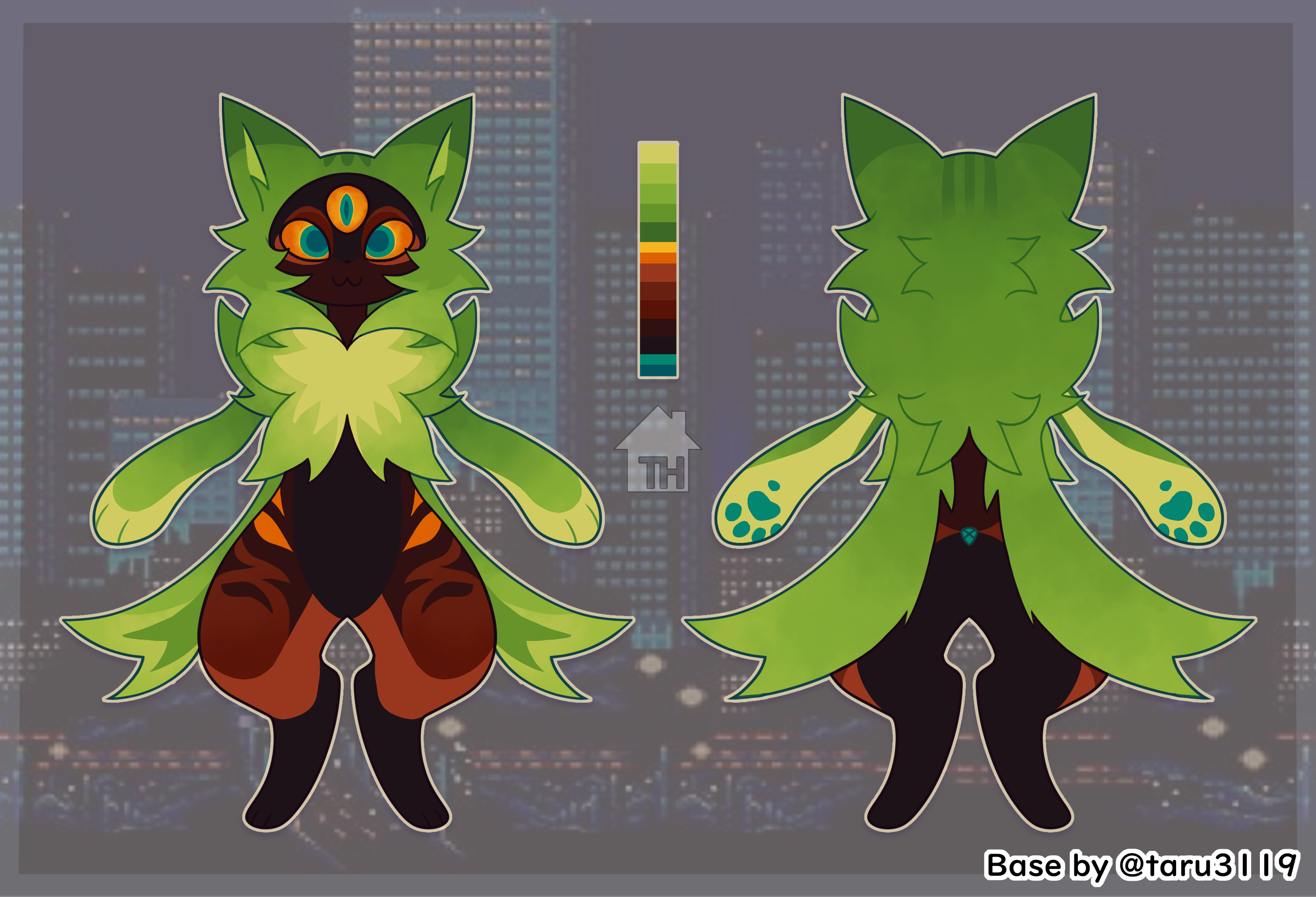 this is a digital art piece of a green furred catlike creature with black and orange markings. the creature is posed with its front legs extended forward and back legs in a standing position.  it has a fluffy green mane that covers its head and goes down its back.  the creature's eyes are yellow with black pupils. the background is a blurry cityscape at night. the image is clean and welldrawn. the character's expression is neutral.