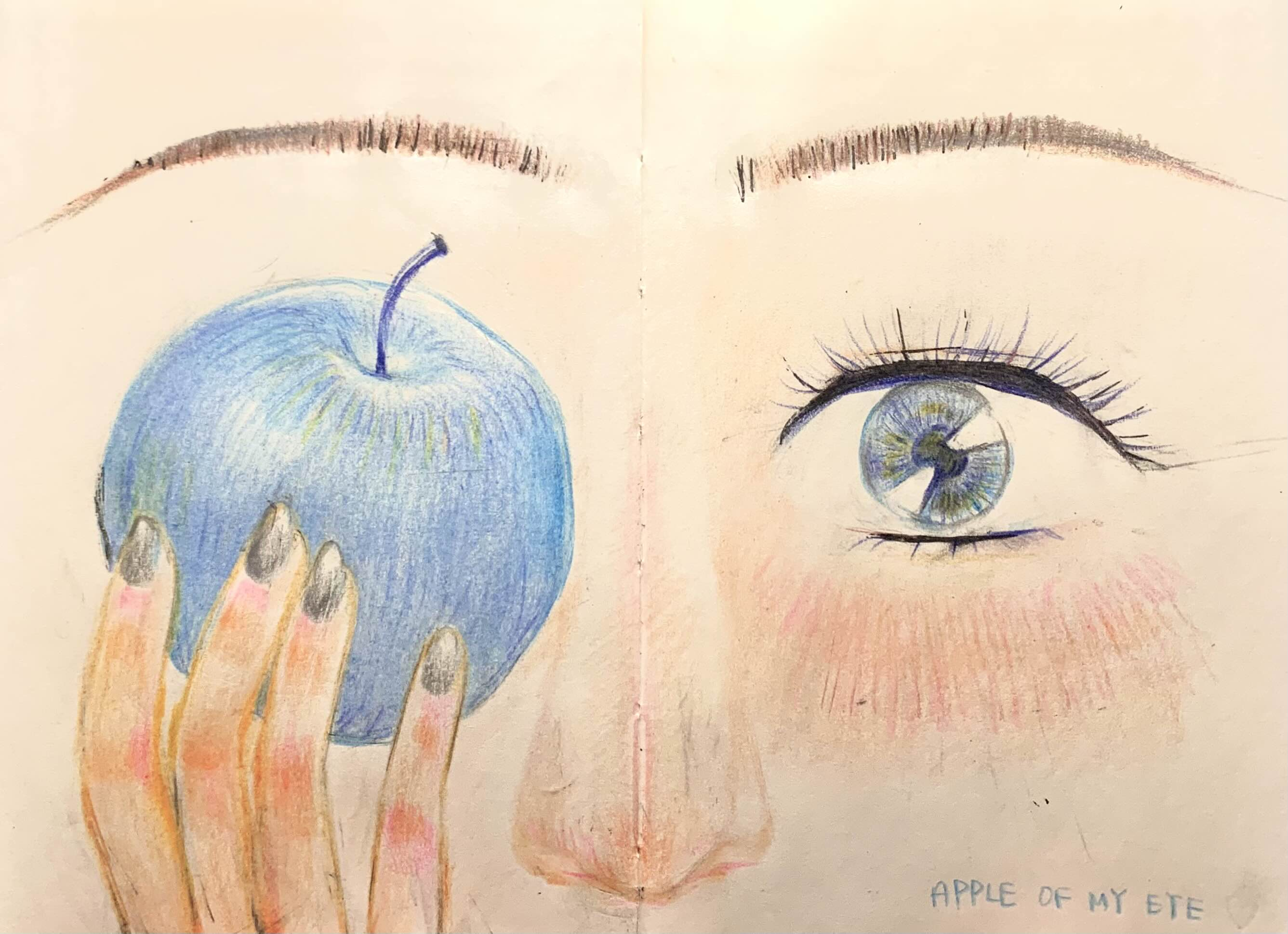 the drawing depicts a woman's face, partially obscured by a hand holding a blue apple. only one eye is visible, gazing directly at the viewer.  the style is reminiscent of anime or manga with large, expressive eyes. the use of a blue apple instead of a traditional red one suggests a sense of the surreal or otherworldly.