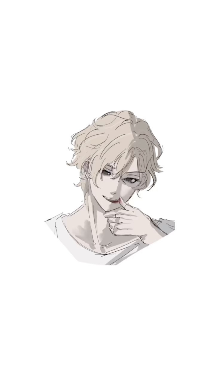 the image is a stylized artistic drawing or sketch of a young man with blonde or lightcolored hair. his features are soft and slightly androgynous. he has a subtle smirk, and his hand is brought up to his face near his mouth.  he appears to be wearing casual clothing, and the overall style is reminiscent of anime or manga art. the color palette is primarily muted greys and light tones, creating a soft, almost dreamy aesthetic. the drawing has a loose, expressive quality, rather than a highly detailed, precise style.