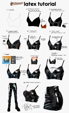 this image is a stepbystep tutorial on how to draw a latex bra. the tutorial shows the process from basic outlining to adding highlights and shadows. the bra is drawn in black and has a shiny, leatherlike appearance. the tutorial is written in a casual style with handwritten notes. the image is wellorganized and easy to follow.