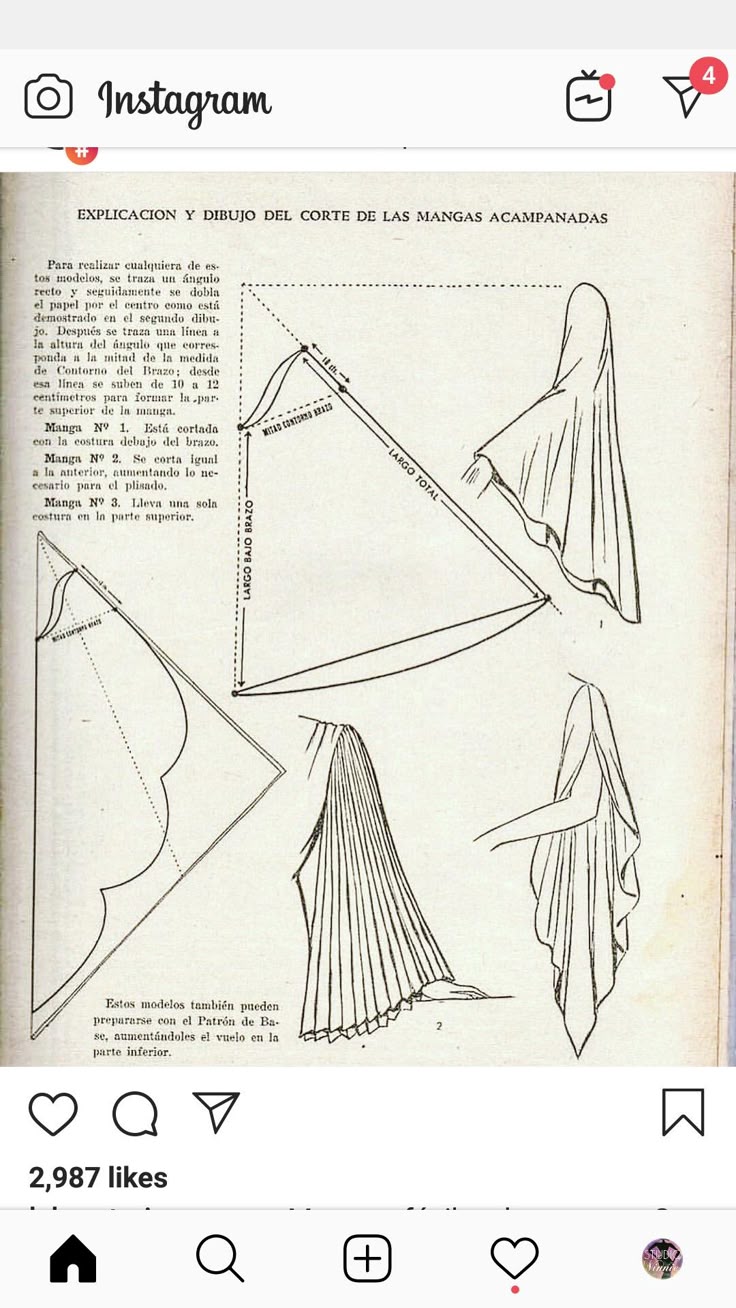 the image is a vintage sewing pattern diagram in spanish, illustrating how to cut and construct flared sleeves. it shows multiple sleeve designs with different shapes and details, accompanied by written instructions and measurements.