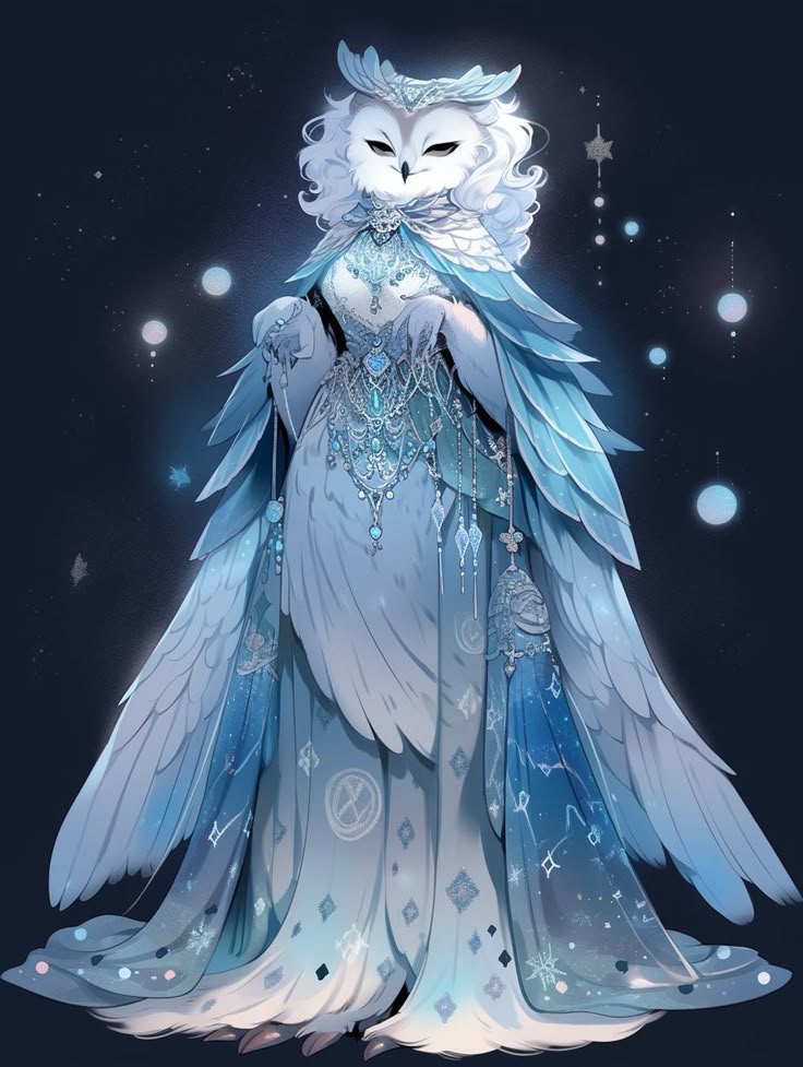 an anthropomorphic snow owl stands centered in a dark night sky adorned with glowing orbs and stars. the owl is dressed in an elaborate, ethereal gown that resembles feathers, predominantly in shades of white and blue. the gown features intricate constellations, geometric designs, and a layered effect. a jeweled tiara sits atop the owl's head, and ornate necklaces and embellishments adorn its chest. a feathered cape drapes over the shoulders, adding to the regal and fantastical appearance. the overall atmosphere is magical and elegant.