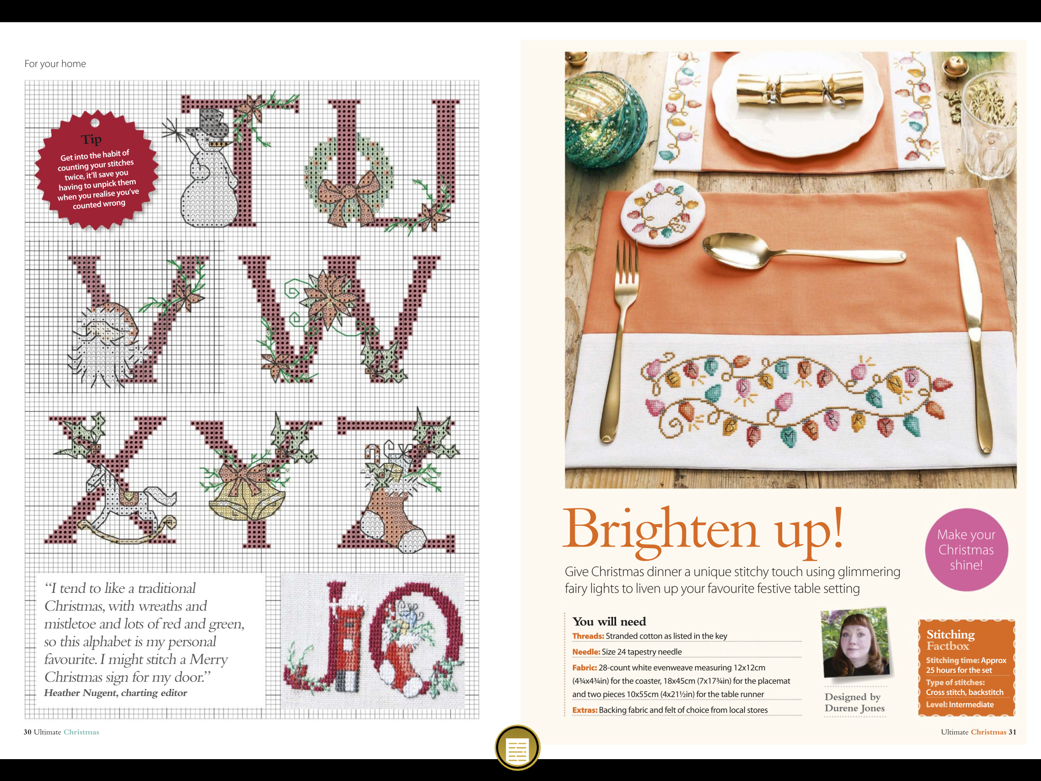 the image shows a cross stitch pattern for a christmas alphabet and a christmas lights table runner. the cross stitch pattern features a series of christmasthemed letters, each with a different design. the table runner is designed to be stitched with a garland of lights and can be used for placemats or a table runner. the image also includes a tip on how to count your stitches twice to avoid having to unpick them.  the article provides information on the materials needed to complete the project, as well as the approximate stitching time. it also states that the level of difficulty is intermediate.