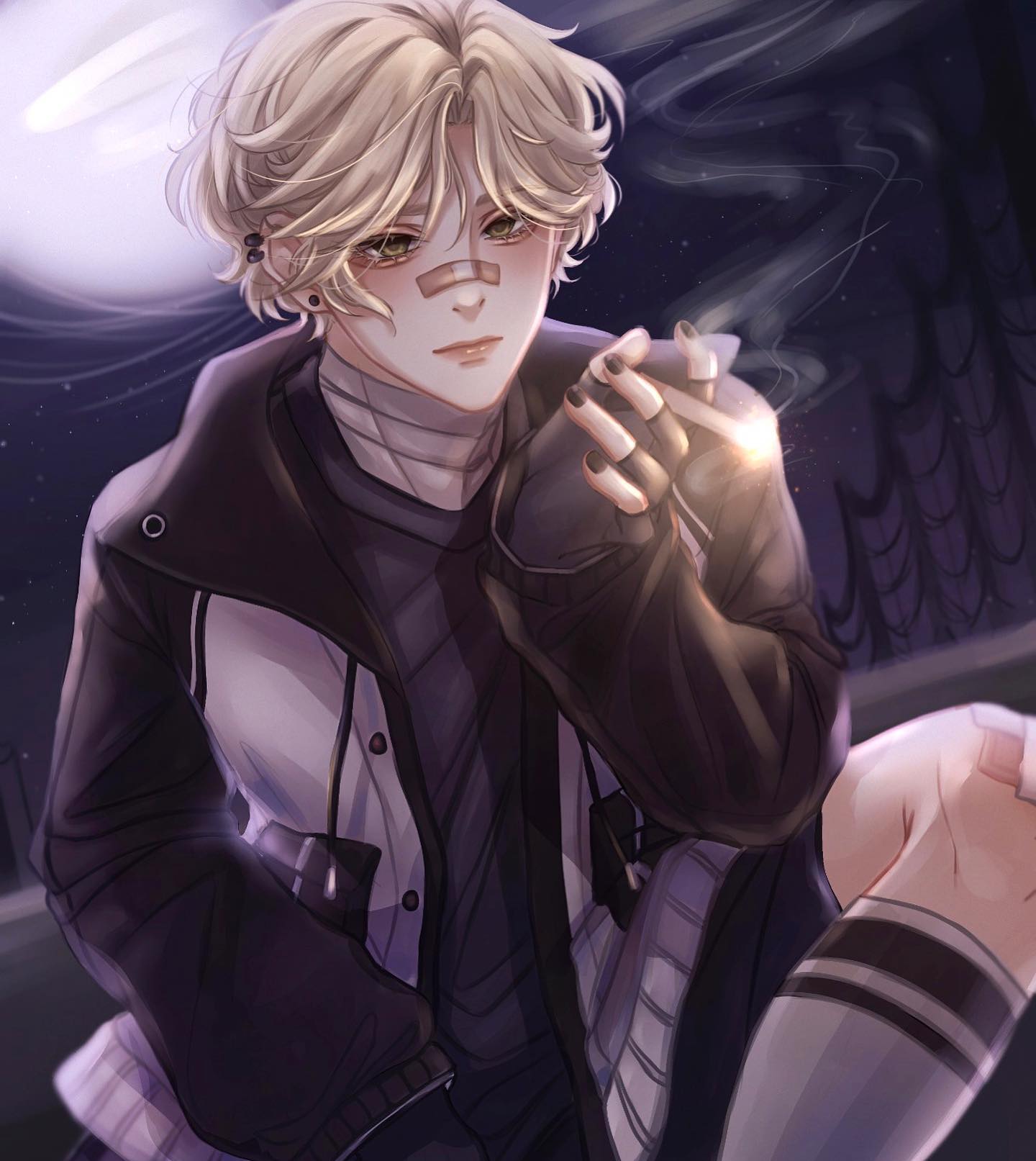 the image is a digital painting or illustration of an animestyle male character. he has short, blonde hair with bangs, and is wearing a darkcolored jacket over a lightercolored shirt and a pleated skirt. he also has earrings and bandages on his face, and is smoking a cigarette. the background is dark with a visible moon, giving off a mysterious, gothic aesthetic. the art style is detailed and intricate, showing a focus on the character's clothing and pose. the overall mood is cool, edgy, and slightly mysterious.