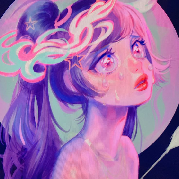 the image is a digital painting of an anime girl with pink and blue hair, she is crying and has tears rolling down her cheeks. the girl has large eyes with a pink and white flower on her head. the background is a dark blue with a moon and stars. the image is very colorful and dreamy and the girl's face is soft and cute. the image has an abstract style and is quite beautiful.
