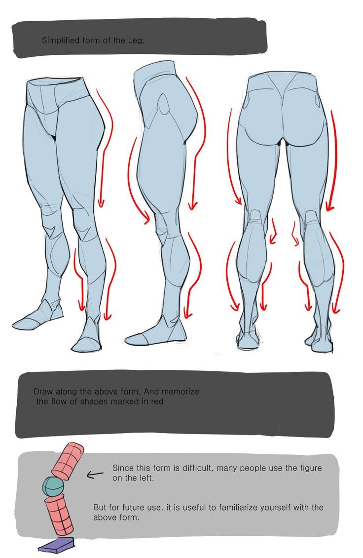 this image shows a simplified form of the human leg, focusing on the flow of shapes and muscle structure. it presents three different views of the leg: front, back, and a side view, with red arrows indicating the direction of the flow of shapes. the image also provides instructions on how to draw along the form and memorize the flow of shapes. it suggests using a simpler figure on the left as an alternative due to the complexity of the simplified leg form, but emphasizes that understanding the simplified form is beneficial for future drawing purposes.