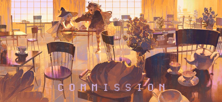two girls are having tea and enjoying the cafe setting. one girl is wearing a hat and the other has long blonde hair and is wearing a black dress. the cafe is decorated with many flowers and has a cozy atmosphere. the windows are open and the light shines through, highlighting the cafe interior.