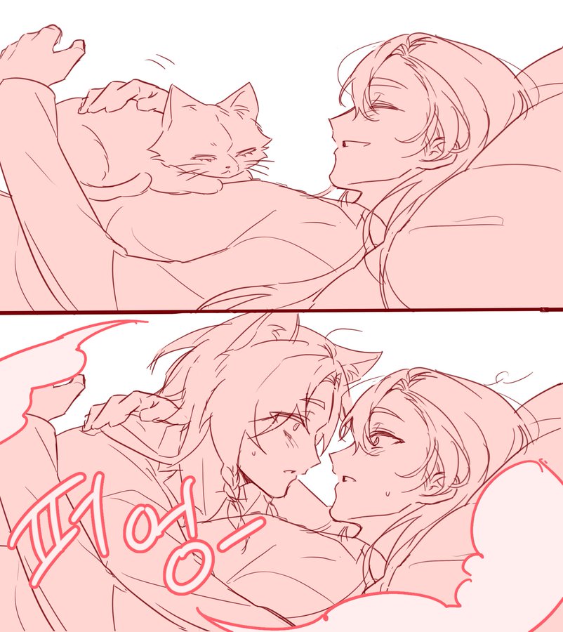 the image shows a two panel comic with a man laying in bed with a cat on his chest. in the first panel, the cat is laying on his chest, while the man smiles in content. the second panel shows that the cat has turned into a male human with cat ears. the two males are very close to each other and are blushing.