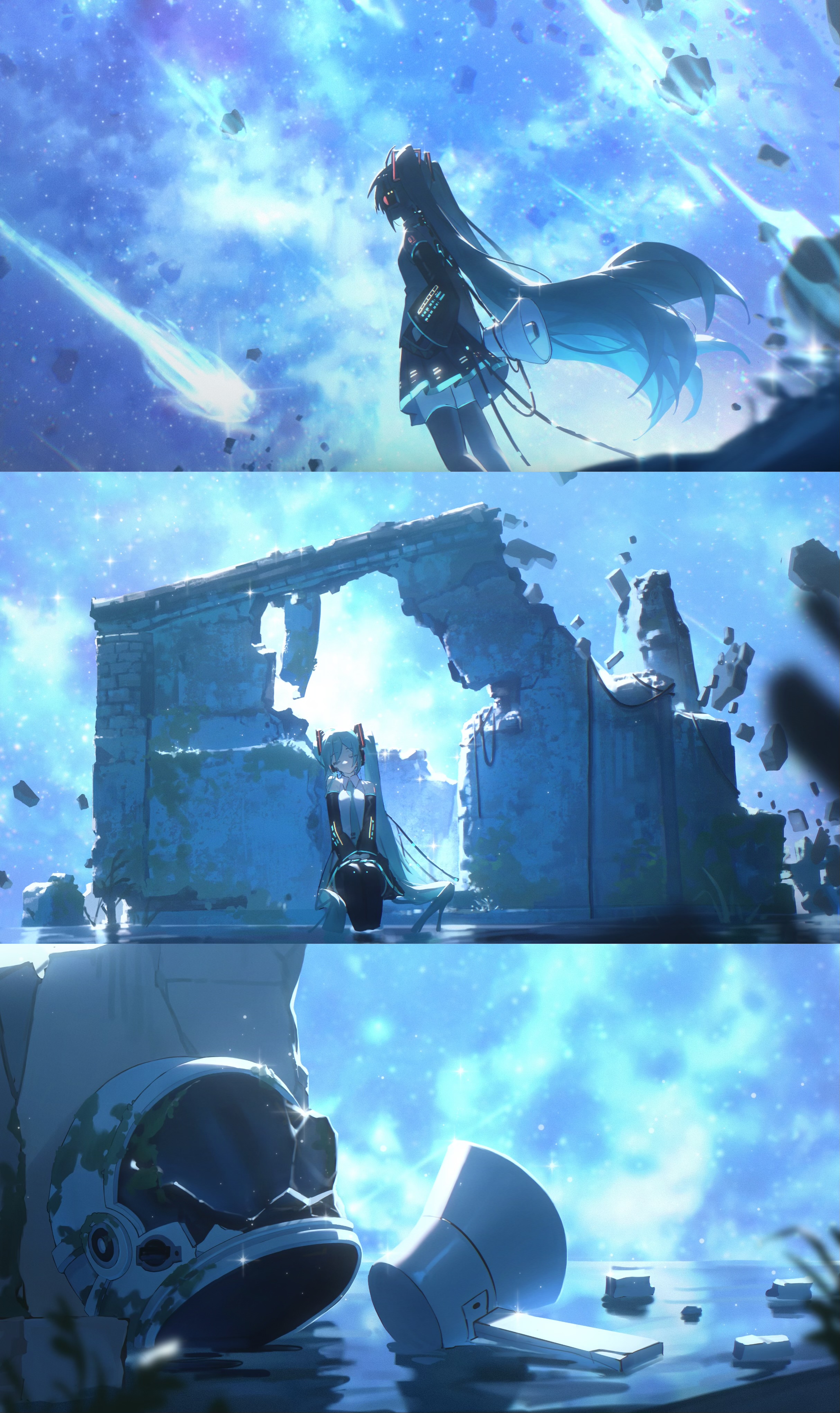 the image consists of three vertically stacked panels. the top panel shows a girl with long blue hair standing against a backdrop of a meteor shower. the middle panel features a ruined building with the same girl sitting in front of it. the bottom panel depicts an astronaut helmet and what seems to be a shattered object, possibly part of the same helmet. the overall color palette is dominated by shades of blue, and the atmosphere suggests a sense of devastation, space exploration, and melancholic themes.