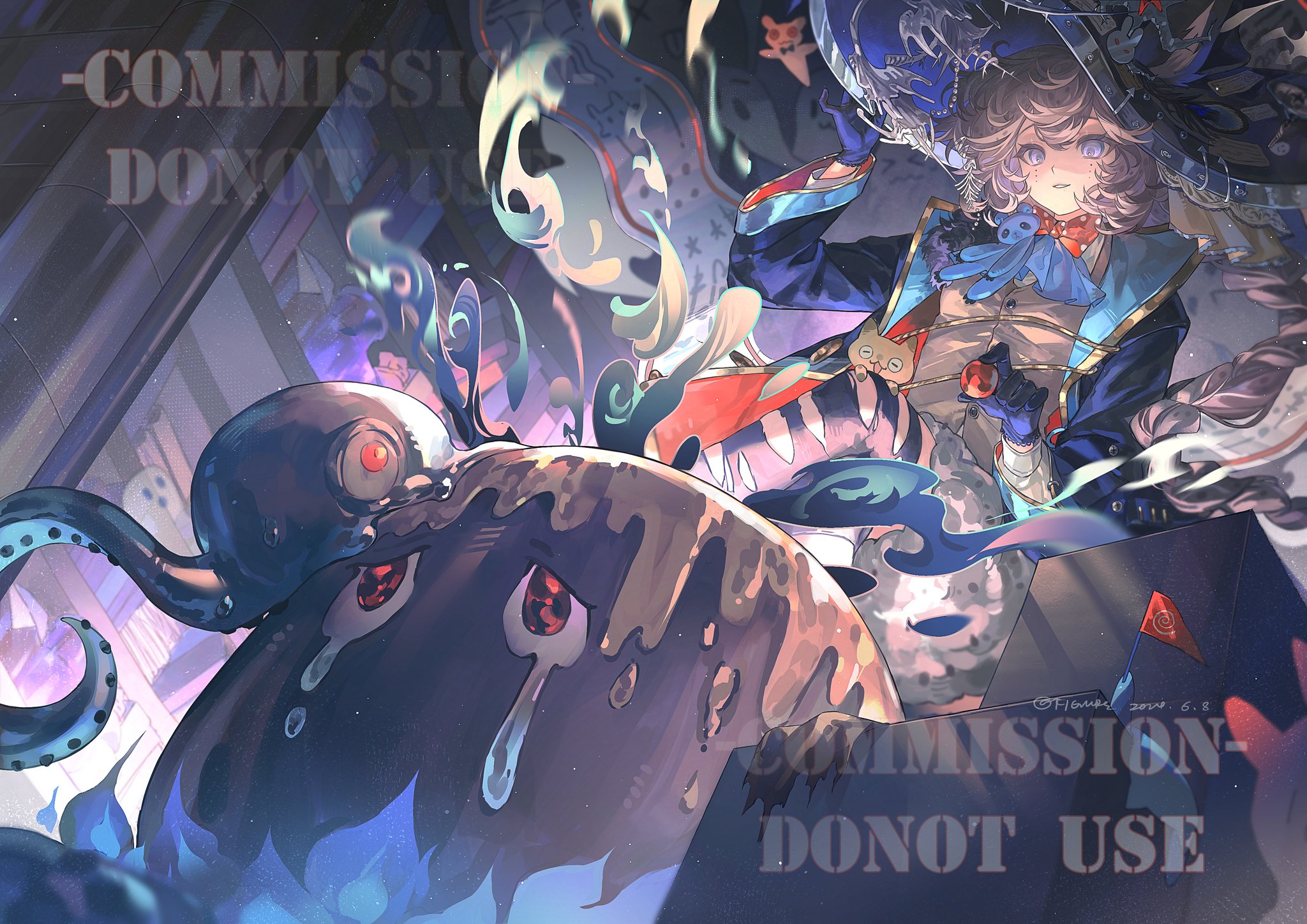 an illustration depicts a young wizardlike character in a blue suit and widebrimmed hat, holding an orb or gem. he stands behind a large, dark octopuslike creature with red eyes and metal tears. the artwork has a whimsical, dark fantasy feel with a dreamlike quality. the background is slightly blurred and features indistinct shapes and patterns. text overlays indicate the image is a commission and should not be used.