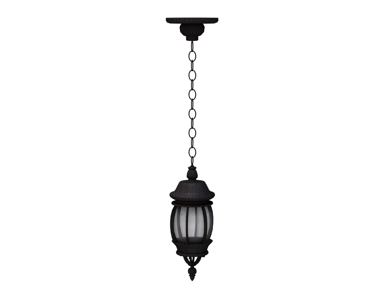 a hanging lantern is centered against a black background. the lantern is attached to the ceiling with a chain.