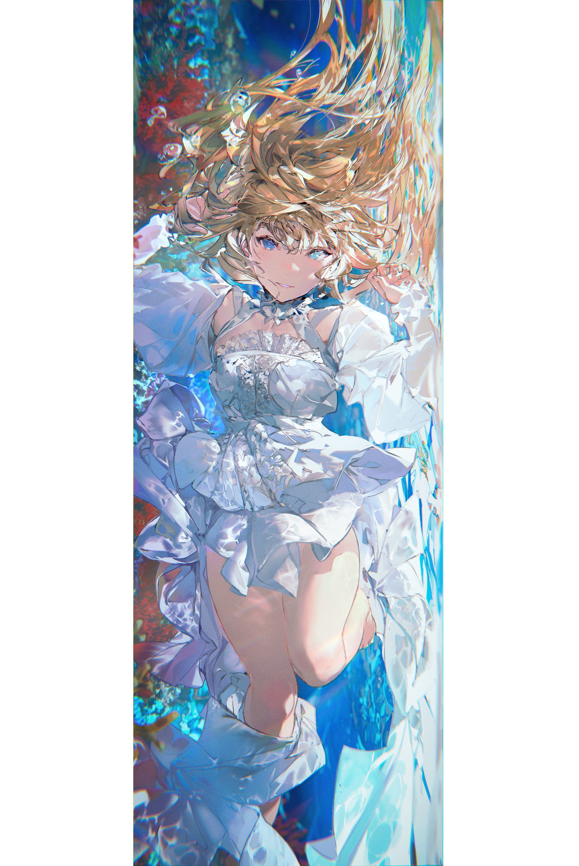the image is a vertical illustration of an animestyle girl with long blonde hair, floating underwater in a white dress. her hair is flowing around her, and the dress is flowing with the movement of the water. the water is a mix of light blue and darker blue, with hints of teal and sparkles. the overall style of the art is ethereal and dreamy. the color palette is mostly light, with shades of blue and white being dominant. the focus of the artwork is the girl, who is positioned centrally.  the background suggests an underwater environment, but is somewhat abstract with hints of coral or seaweed. the lighting is soft and diffused, contributing to the overall ethereal mood of the piece.