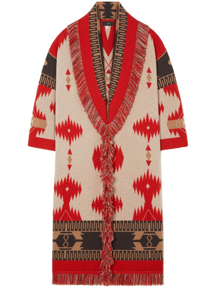 a women's longsleeved cardigan featuring a southwesterninspired pattern in shades of red, beige, brown, and black. the cardigan has a fringed trim and a relaxed, oversized fit.  it's a stylish and cozy piece of outerwear that would be perfect for transitioning into cooler weather.