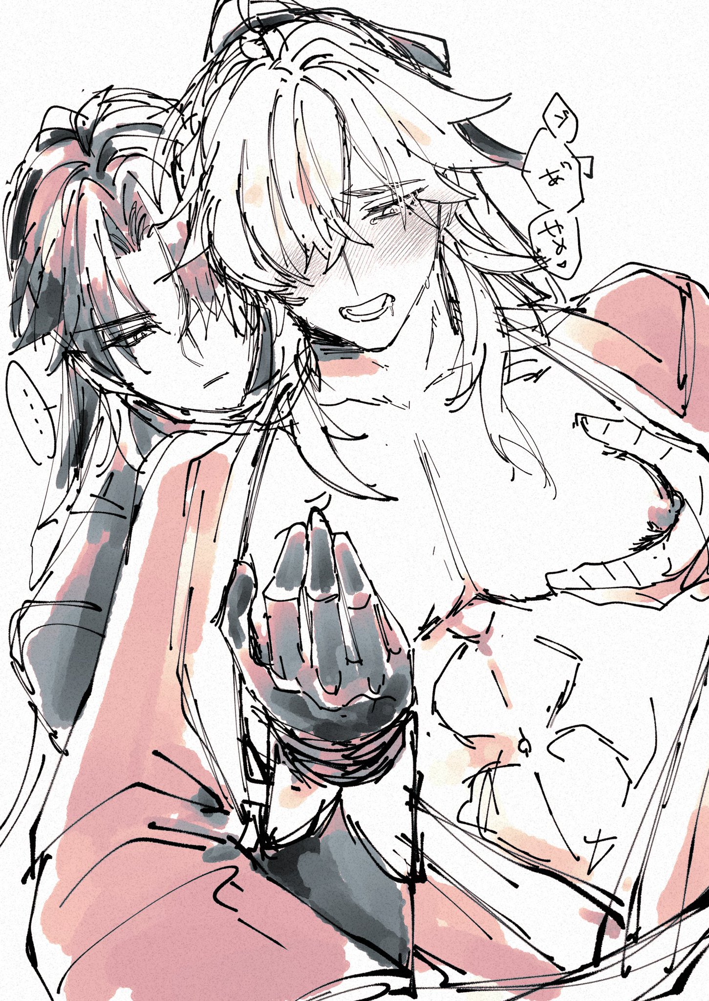 the image is a drawing of an anime couple embracing and kissing. the male character is on the left and the female character is on the right. the male character is wearing a darkcolored outfit while the female character is wearing a lightcolored outfit. the background of the drawing is white. the drawing is done in a style that is often seen in anime and manga.