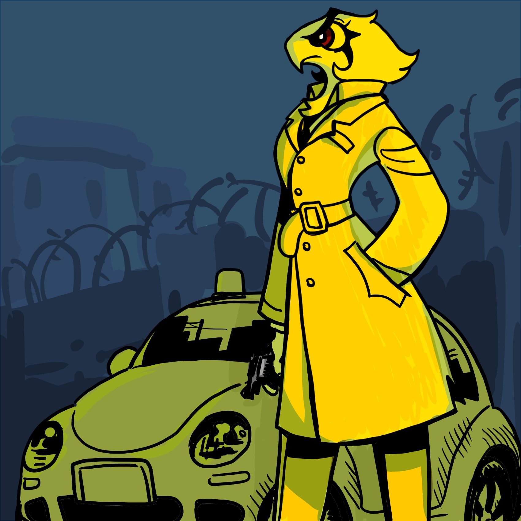 a cartoon bird character with a trench coat stands behind a police car. the bird has red eyes, a beak and is wearing a yellow trench coat. it appears to be holding a gun in it's left hand.