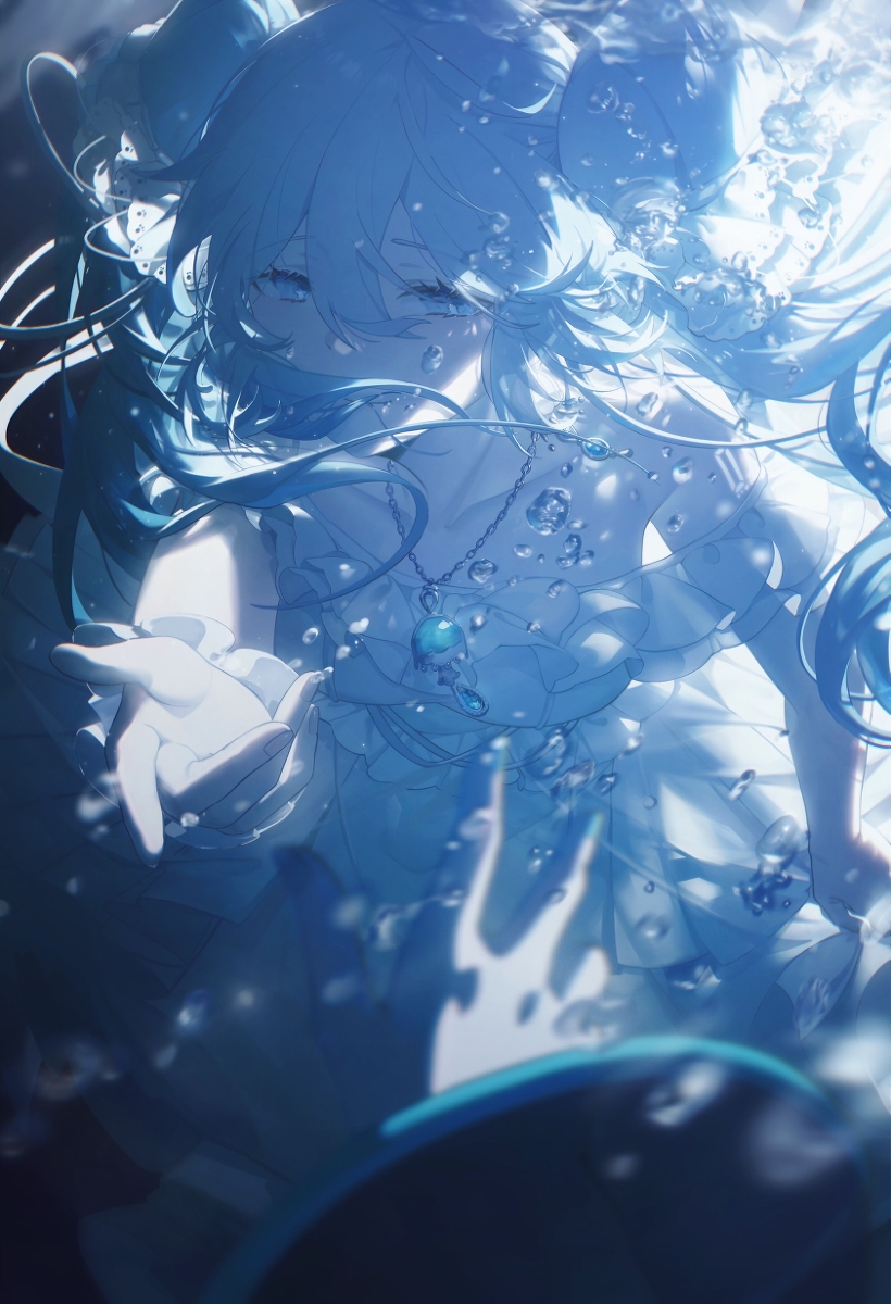 a digital art image of an anime girl with long, light blue hair and blue eyes, seemingly underwater. she is wearing a white dress and a necklace with a blue pendant. she is reaching out with her hand as if offering something or asking for help. there are water bubbles surrounding her. the overall tone is melancholic and serene, with a fantasy and ethereal feel.