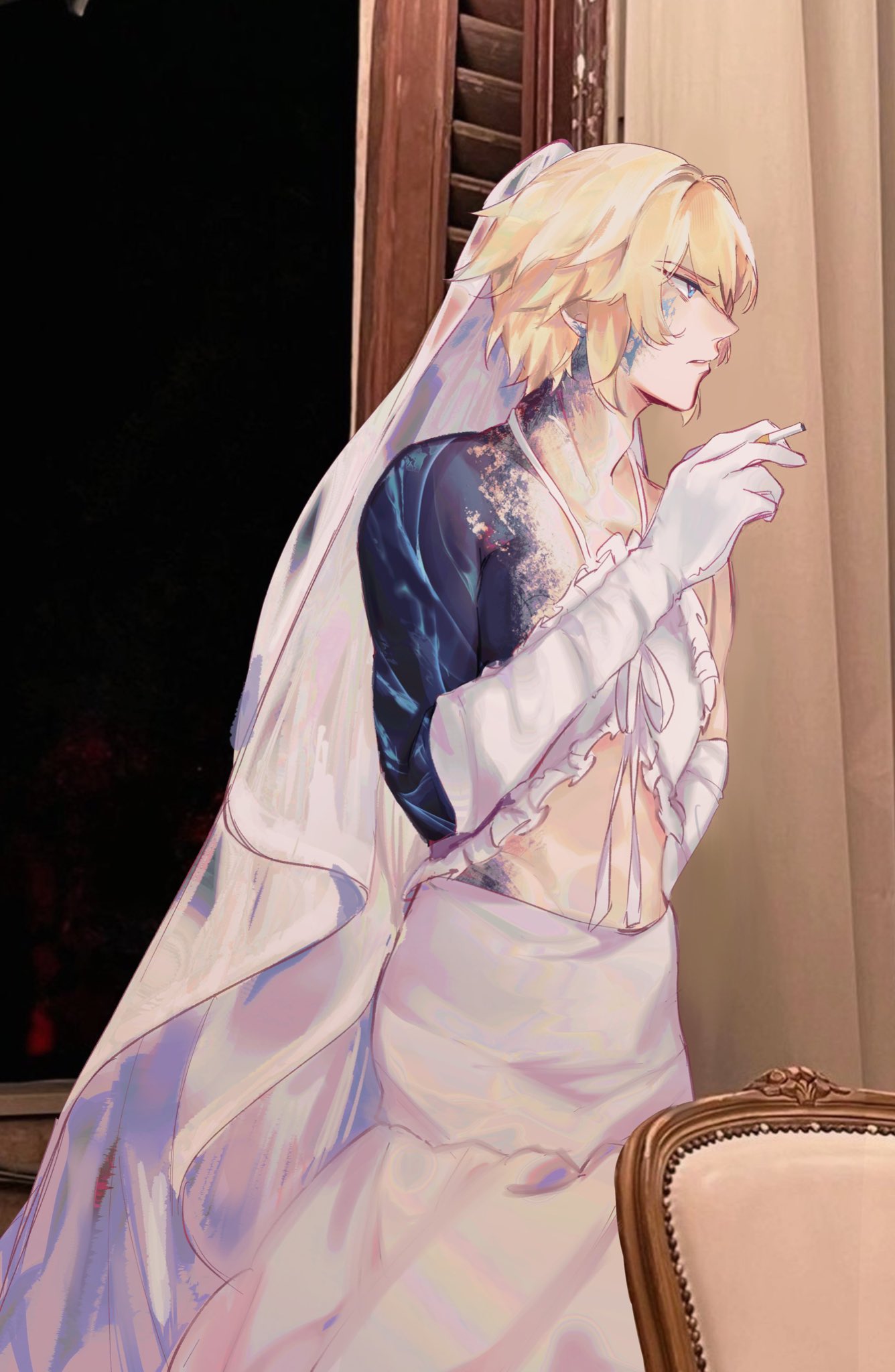 an animestyle illustration shows a fairskinned man with blond hair wearing a wedding dress and veil. he stands near a window with dark outside, holding a lit cigarette in his gloved hand. he is wearing a white dress with ruffles and a single dark blue sleeve. a chair with an ornate frame sits in the foreground.
