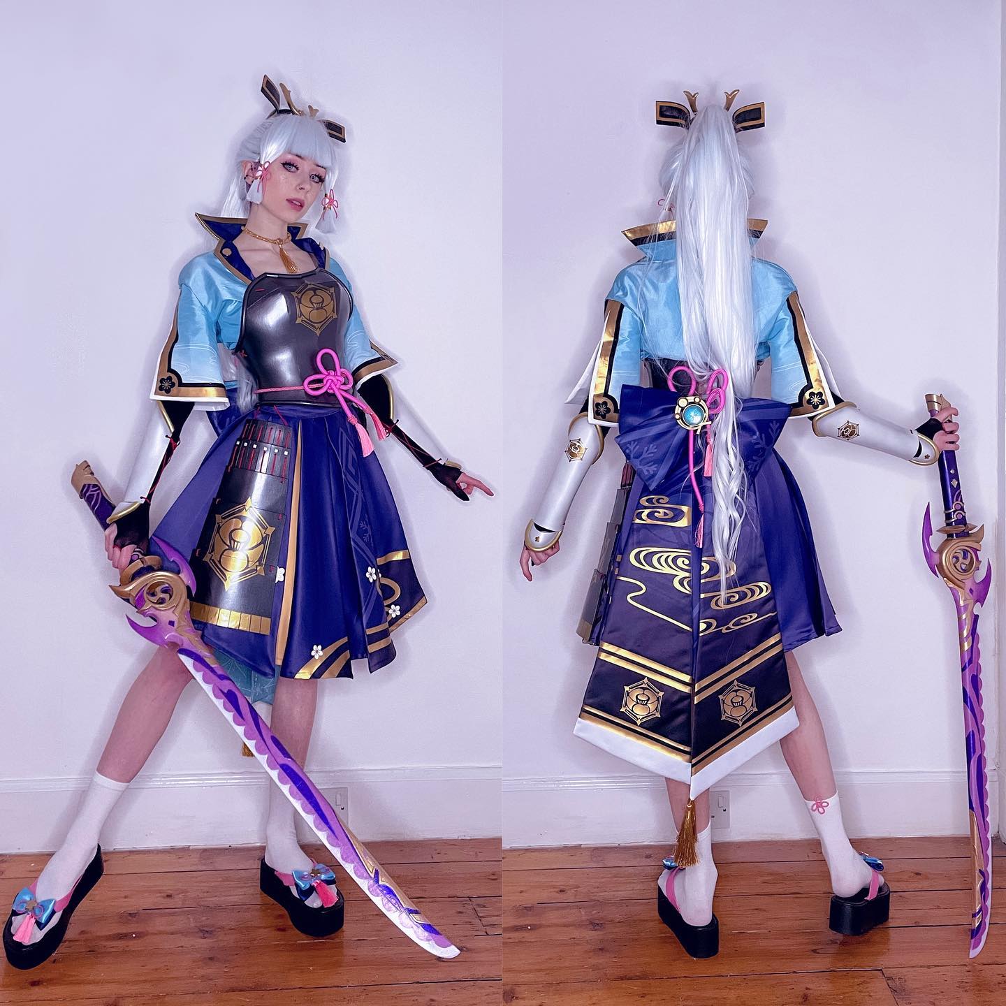 this image shows a highquality cosplay of kamisato ayaka from the popular video game genshin impact.  the cosplayer is expertly portraying ayaka, showcasing both a front and back view of the meticulously crafted costume.  the costume is detailed and accurate to ayaka's ingame design, featuring a blue and purple kimonostyle outfit with gold accents, a matching hakama, and a large, ornate katana. the cosplayer's white wig and accurate makeup further enhance the realism of the cosplay. the photos appear to be taken in a studio setting, highlighting the detail of both the costume and the cosplayer's pose.