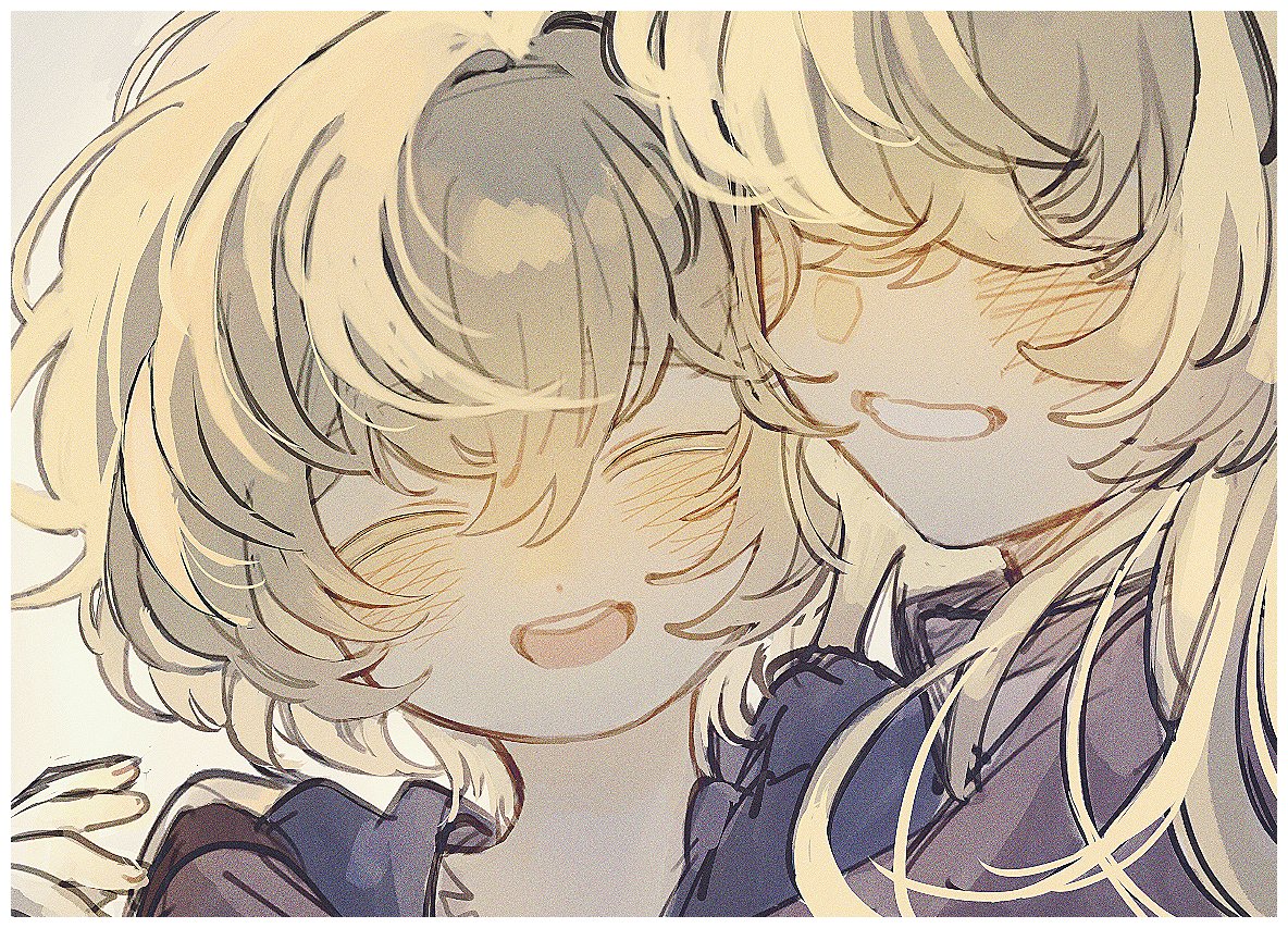 he image is a digital drawing of two animestyle girls with long blonde hair. they are hugging each other closely, and both have their eyes closed and blushing cheeks.  their expressions are very happy and sweet. the art style is soft and whimsical, with pastel colors and a gentle feel. the overall impression is one of warmth, closeness, and affection.