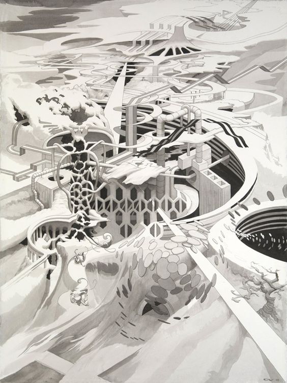 the image showcases a highly detailed, monochromatic drawing of a sprawling futuristic cityscape. rendered in shades of gray, the city is a complex network of interconnected structures, pipes, and platforms. circular and hexagonal patterns dominate the architectural style, creating a sense of both order and chaos. the perspective is from above, offering a bird'seye view of this intricate urban landscape. the high contrast lighting accentuates the depth and complexity of the city, casting dramatic shadows that further enhance the threedimensionality of the drawing.