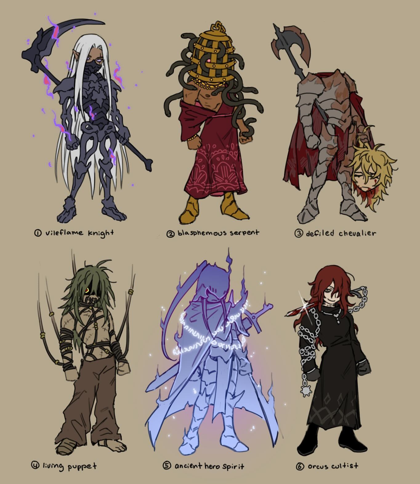 the image shows six distinct character designs, each labeled with a name. the style is reminiscent of dark fantasy or gothic art, with a blend of grotesque and elegant elements. the characters appear to be concepts for a game or fantasy setting, each with unique features and attire.  they are depicted in a chibistyle, giving them a slightly exaggerated and cute appearance despite their dark themes.  the background is a muted beige color which makes the characters pop. each character is numbered for easy identification.