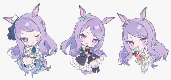 the image features three identical animestyle illustrations of a young girl with long, flowing purple hair styled with rabbit ears. she has large eyes and a gentle expression. the girl is dressed in a white and blue outfit with lace details. she is positioned facing forward, with slight variations in her posture and hand gestures.  in each iteration, she is holding a different sweet treat: a cupcake, a lollipop, and an ice cream cone. the style of the illustration is "chibi," characterized by exaggerated features and a small, cute body type. the overall aesthetic is soft and dreamy, with a pastel color palette.