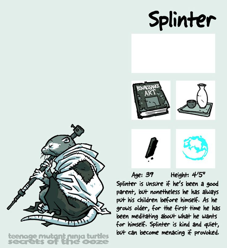 the image is a character card for splinter from the teenage mutant ninja turtles. it features splinter in his traditional outfit, holding a wooden staff in a meditative pose. in the top right corner, it shows items related to splinter's personality: a book called "renaissance art", a tea set with a teapot and a cup, and a black and white image of a katana. the bottom of the card provides information about splinter, including his age, height, and a description of his character.