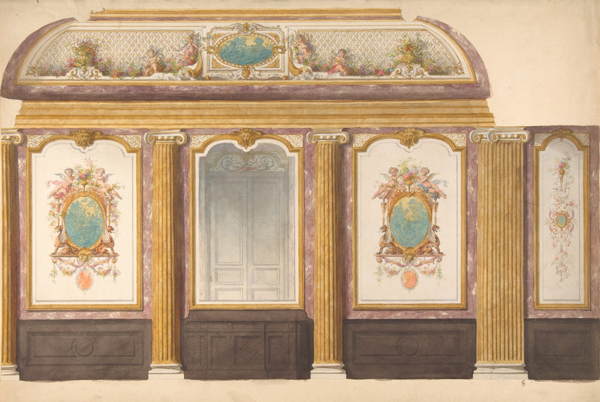 a watercolor painting of an interior design featuring wall paneling in a rococo style. the design includes ornate moldings, fluted columns, and pilasters. wall panels are decorated with floral motifs, cherubs, and oval medallions. a door is centered in the design. the image is likely a design drawing or architectural rendering.