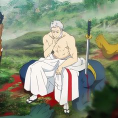 the image is from an anime show. it depicts a man with silver hair sitting in a jungle with blood surrounding him. he's wearing a white robe with a red stripe and a blue sash. he has a bandage around his chest and is holding a hand to his chin. a large sword is lying on the ground near him, with another sword further away in the background. the scene is set in a lush green jungle with various plants and trees.